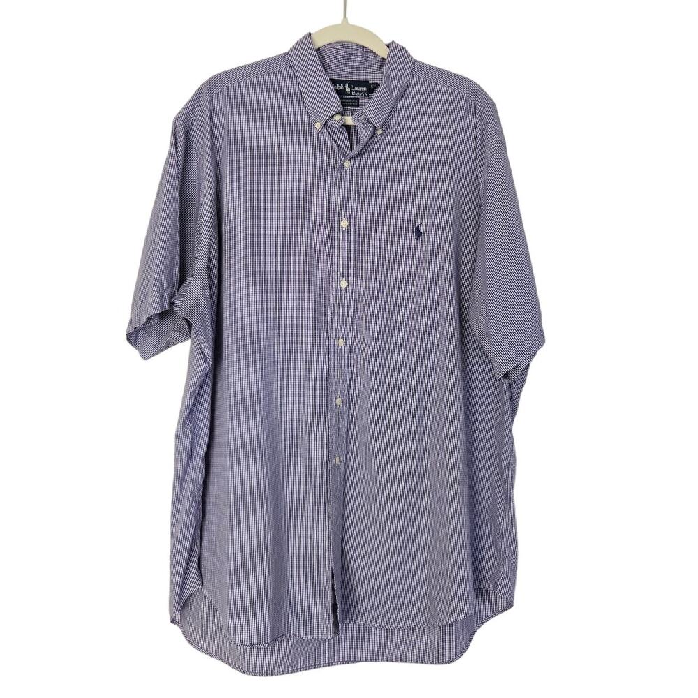 Vintage 90s Ralph Lauren Blue Gingham Short Sleeve Yarmouth Cotton Size 17.5